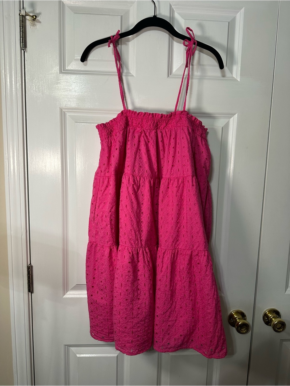 crown & ivy Bright Pink Eyelet Tiered Mini Dress
